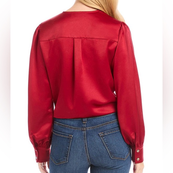 Karen Kane Tie Front Long Sleeve Imported Sz XS Red Satin Women’s Blouse - Picture 2 of 9